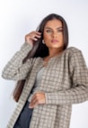 Casaco Cardigan Tweed de Tricot Mescla Estampado Feminino Bege