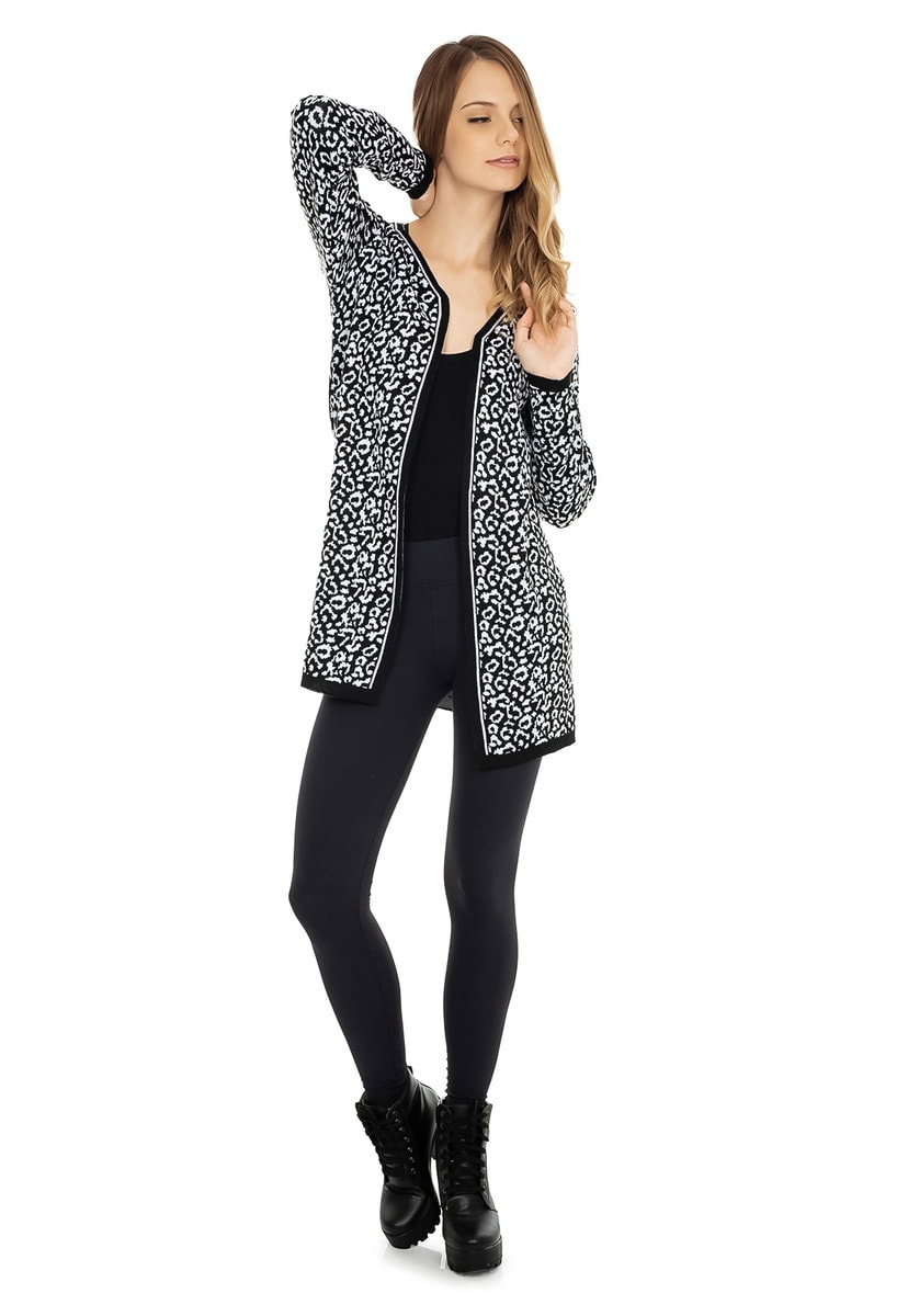 Casaco de Tricô Pink Tricot Estampa Animal Print Feminino