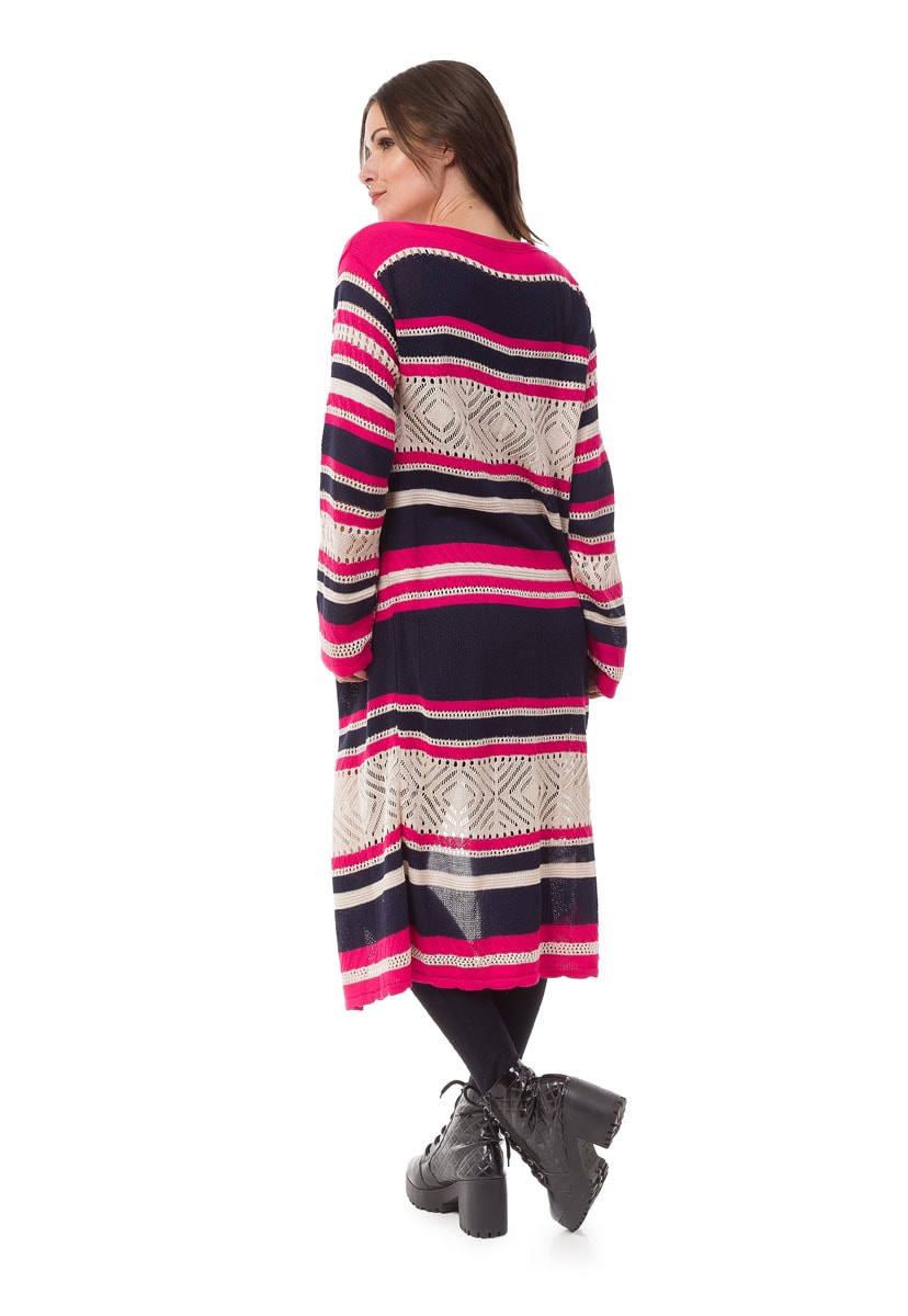 Casaco de Tricô Pink Tricot Longo Listrado Feminino Pink com Azul Marinho