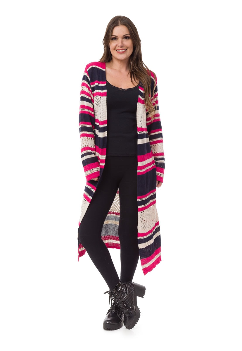 Casaco de Tricô Pink Tricot Longo Listrado Feminino Pink com Azul Marinho