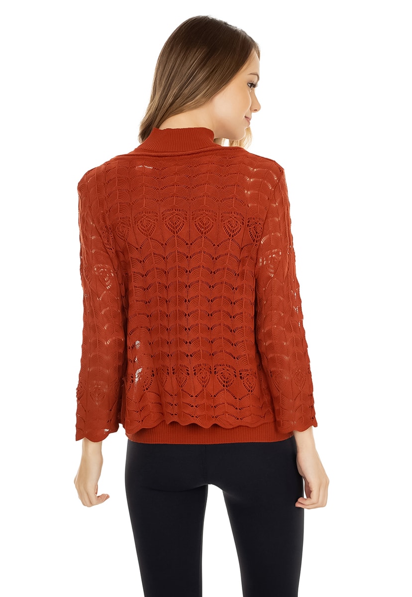 Casaco de Tricô Pink Tricot Manga 3/4 Rendado Feminino Ferrugem