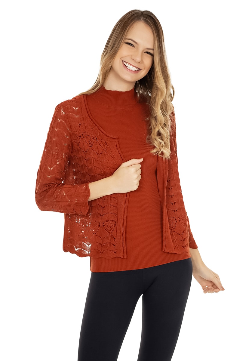 Casaco de Tricô Pink Tricot Manga 3/4 Rendado Feminino Ferrugem