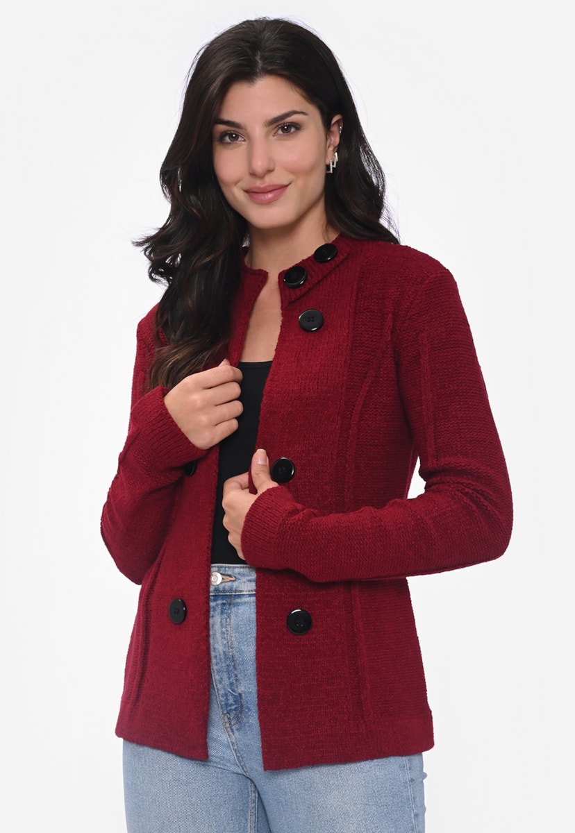 Casaco Feminino de Tricot Mousse com Botões Moda Inverno Vermelho