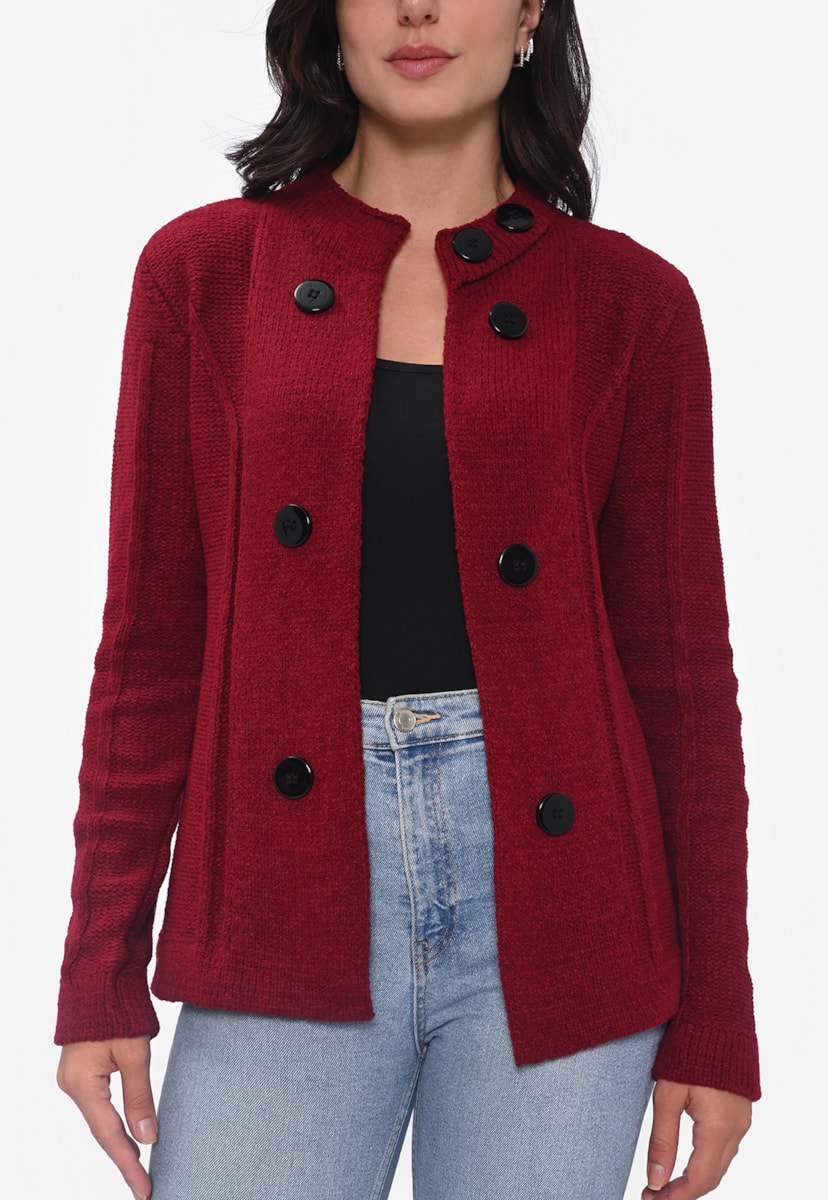 Casaco Feminino de Tricot Mousse com Botões Moda Inverno Vermelho