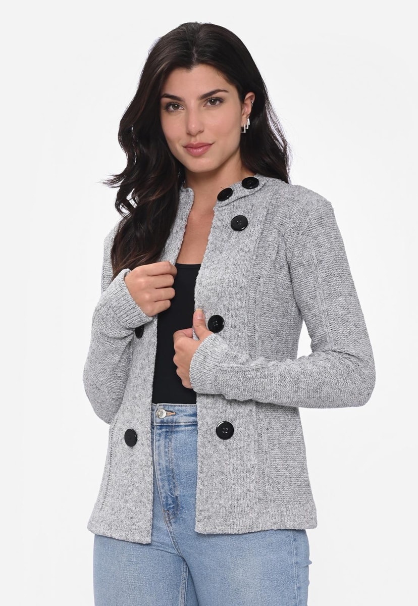 Casaco Kimono de Tricot Liso com Botões Para Frio Feminino Cinza
