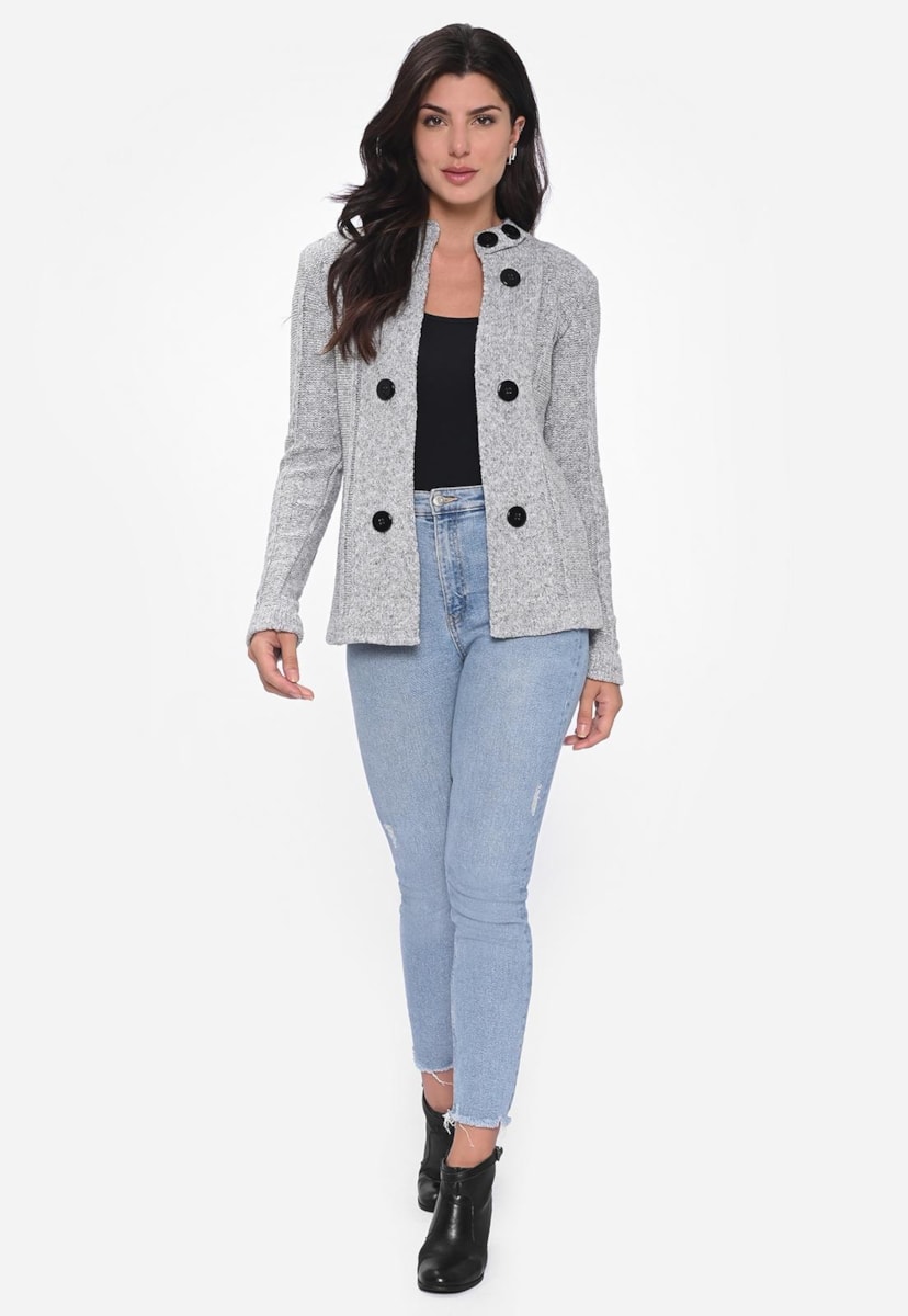 Casaco Kimono de Tricot Liso com Botões Para Frio Feminino Cinza