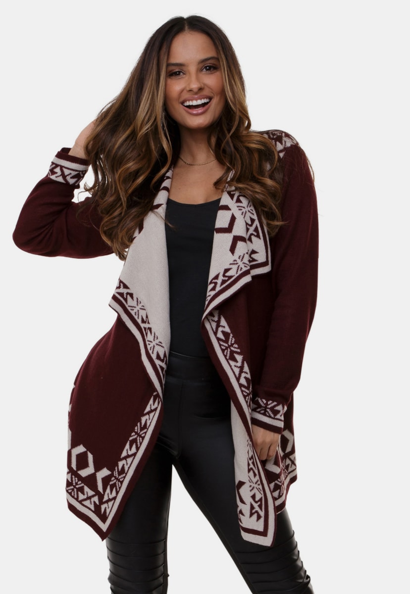 Casaco Kimono Emma Pink Tricot de Tricô Com Estampa Étnica e Geométrica Feminino Bordô Com Bege