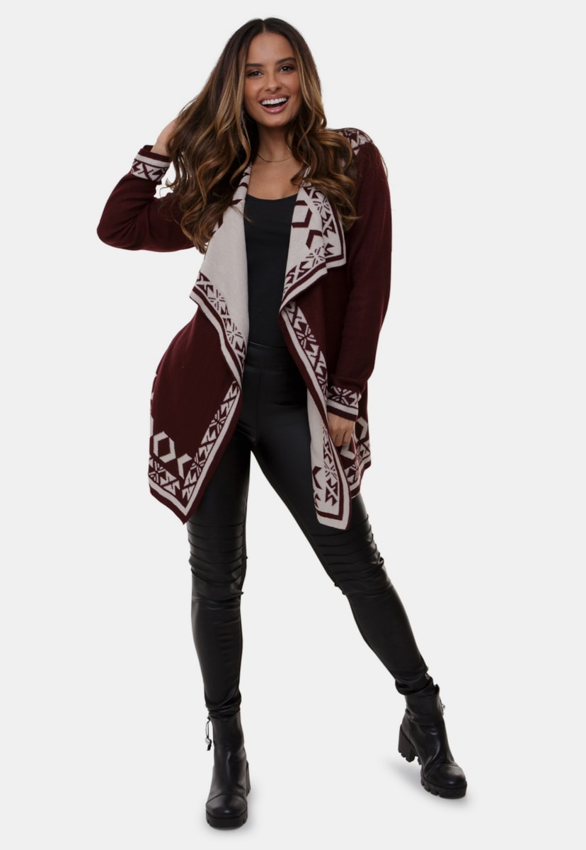 Casaco Kimono Emma Pink Tricot de Tricô Com Estampa Étnica e Geométrica Feminino Bordô Com Bege