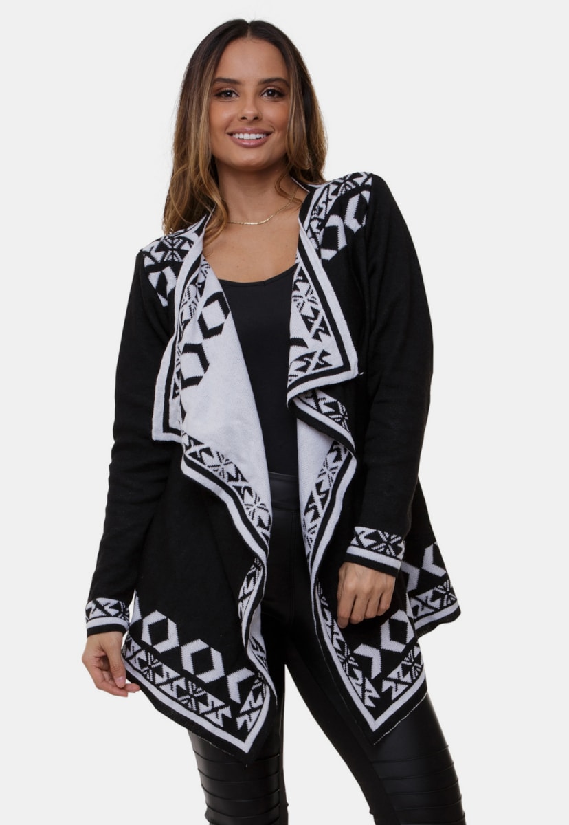 Casaco Kimono Emma Pink Tricot de Tricô Com Estampa Étnica e Geométrica Feminino Preto/Branco