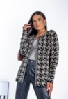 Casaco Kimono Feminino Tweed de Tricot Pied Poule Preto/Bege