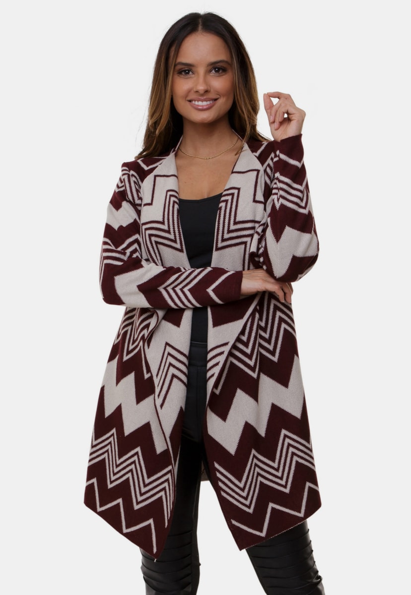 Casaco Kimono Mary Pink Tricot de Tricô Com Estampa Zig Zag e Chevron Feminino Bordô/Bege