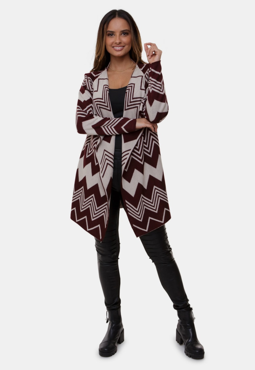 Casaco Kimono Mary Pink Tricot de Tricô Com Estampa Zig Zag e Chevron Feminino Bordô/Bege