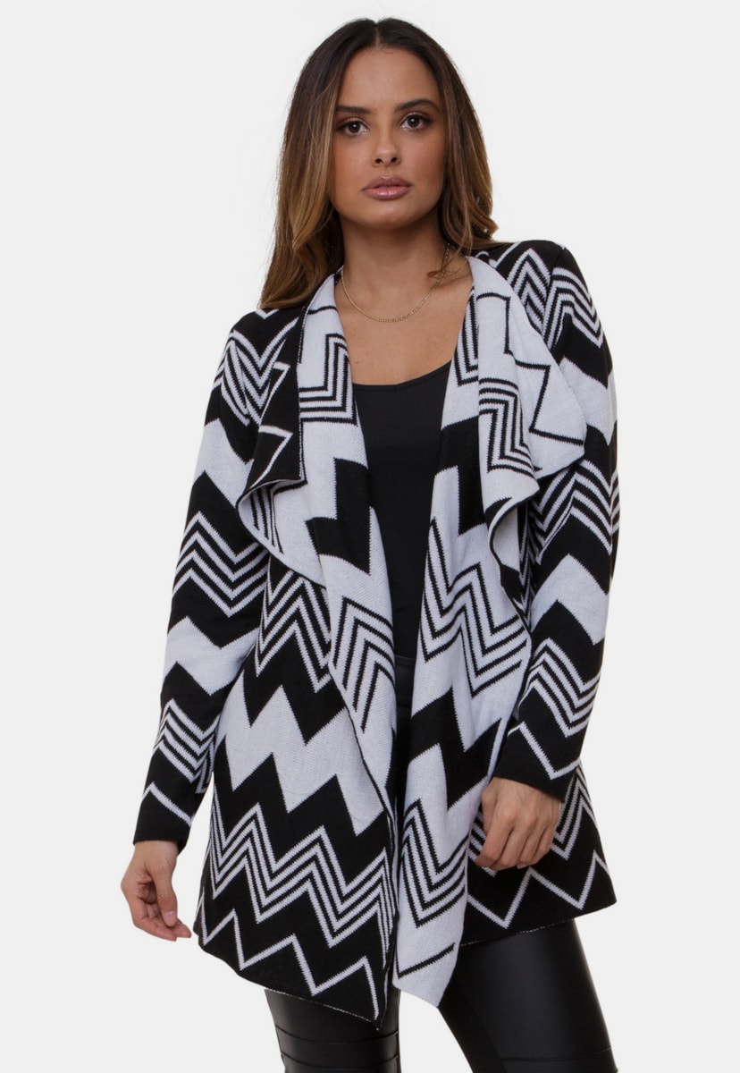 Casaco Kimono Mary Pink Tricot de Tricô Com Estampa Zig Zag e Chevron Feminino Preto/Branco