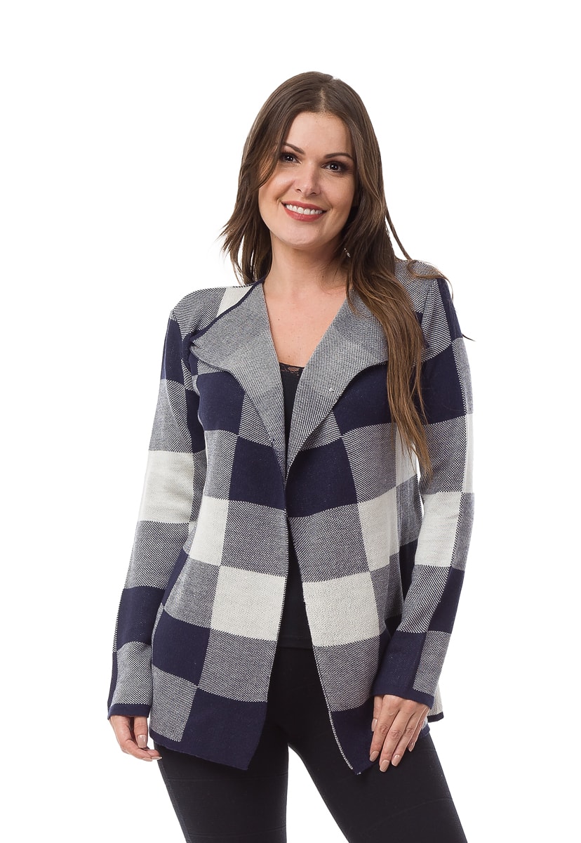 Casaco Kimono Pink Tricot de Tricô Estampa Xadrez Feminino Azul