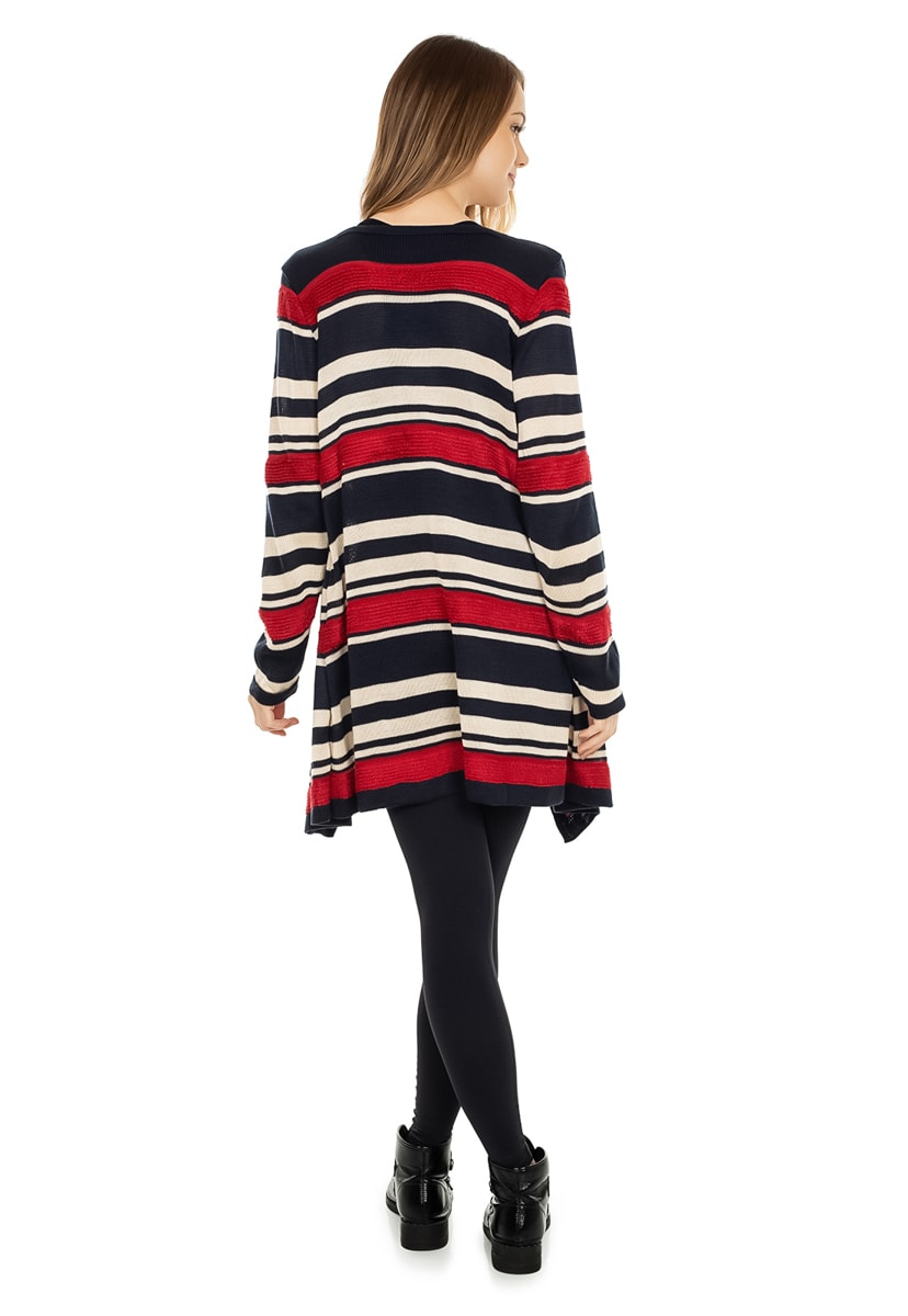Casaco Longo de Tricô Pink Tricot Manga Longa Listrado Feminino Azul Marinho/vermelho