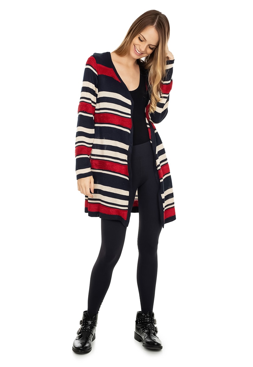 Casaco Longo de Tricô Pink Tricot Manga Longa Listrado Feminino Azul Marinho/vermelho