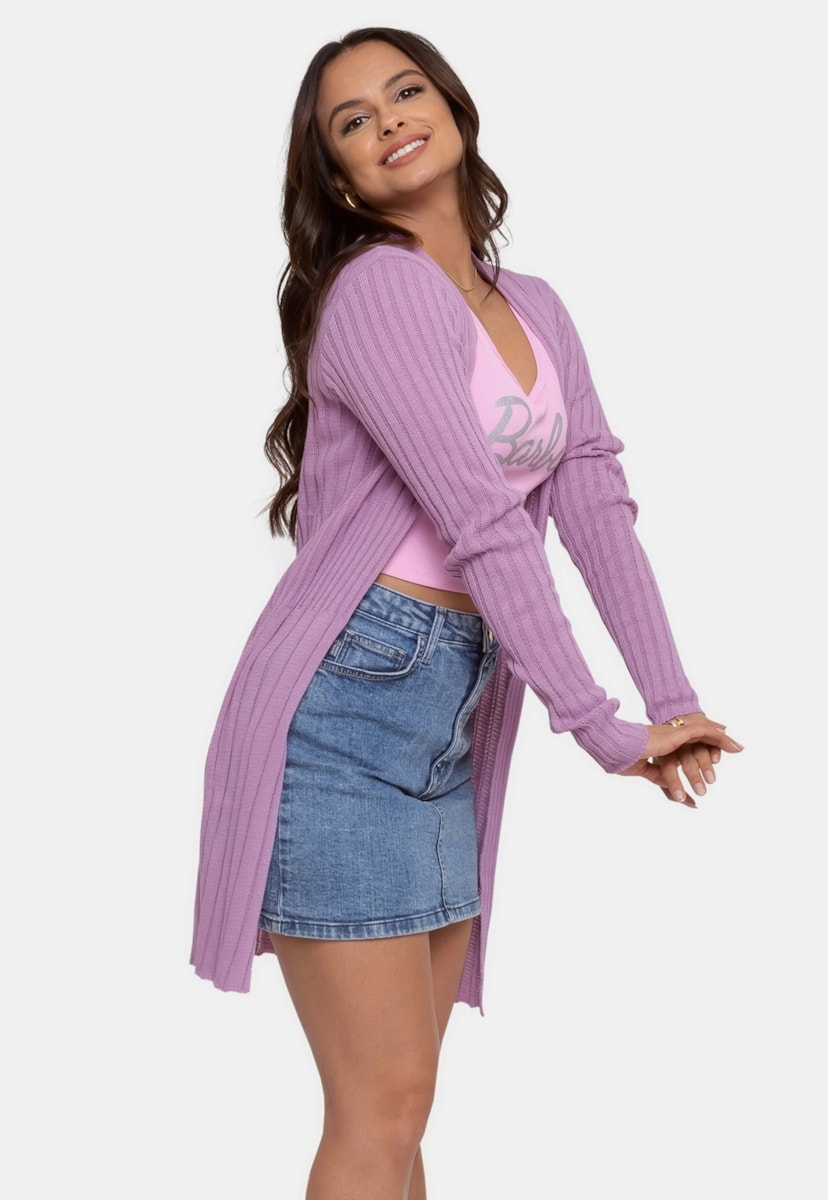 Casaco Pink Tricot de Tricô Canelado P/ o Inverno Feminino Lilás