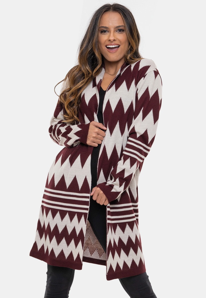 Casaco Pink Tricot Lady de Tricô com Estampa de Listras Chevron e Manga Longa Feminino Bordô/Bege