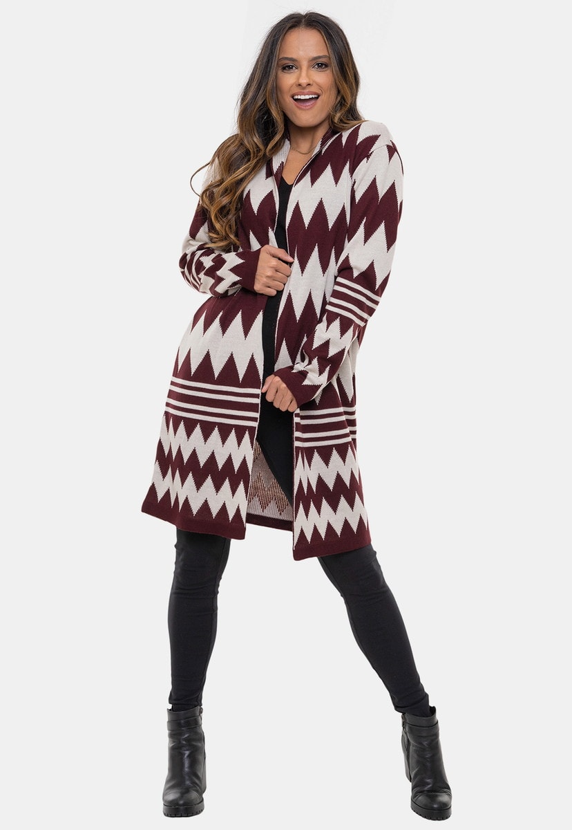 Casaco Pink Tricot Lady de Tricô com Estampa de Listras Chevron e Manga Longa Feminino Bordô/Bege