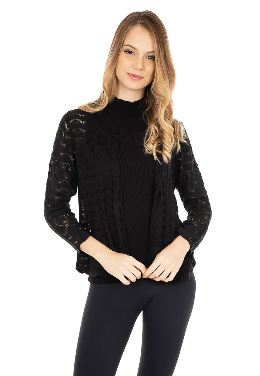 Casaco Pink Tricot(Tricô) Feminino Manga 3/4 Rendado Preto