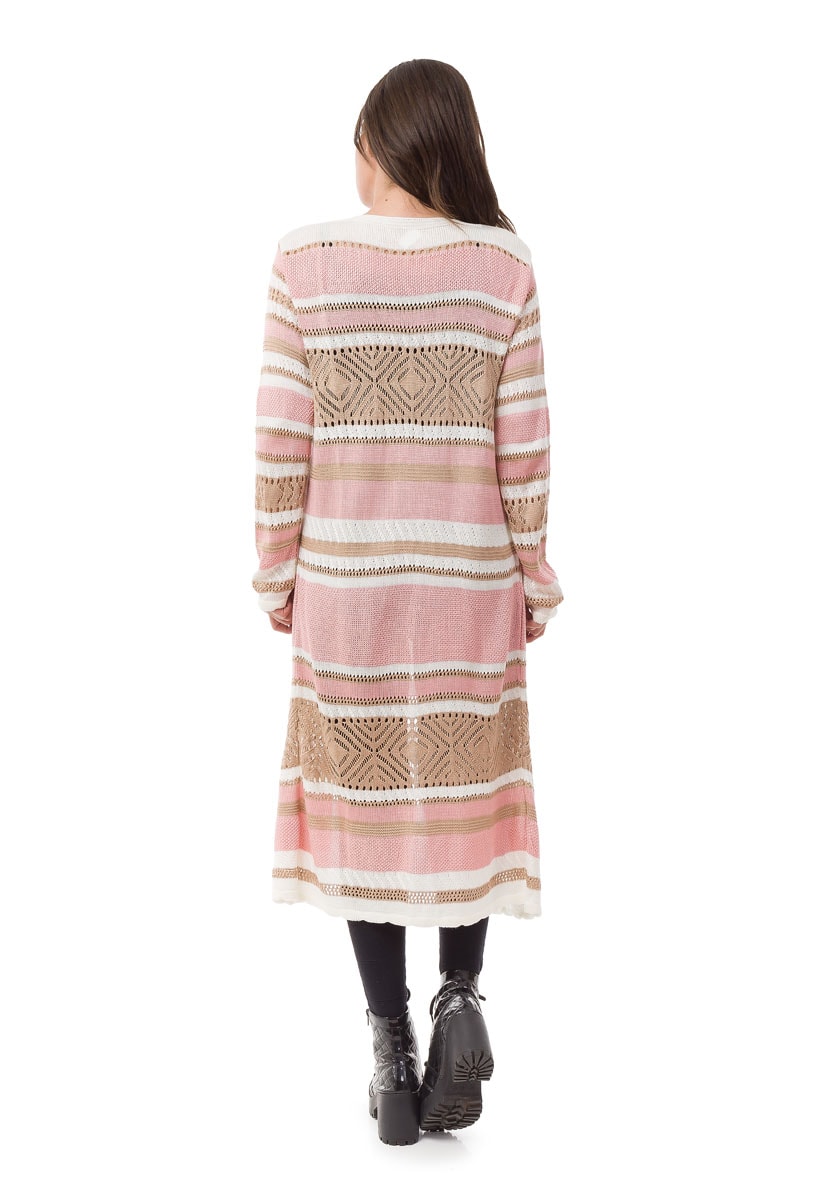Casaco Pink Tricot(Tricô) Longo Estampado Listrado Feminino Off White com Rosa Claro