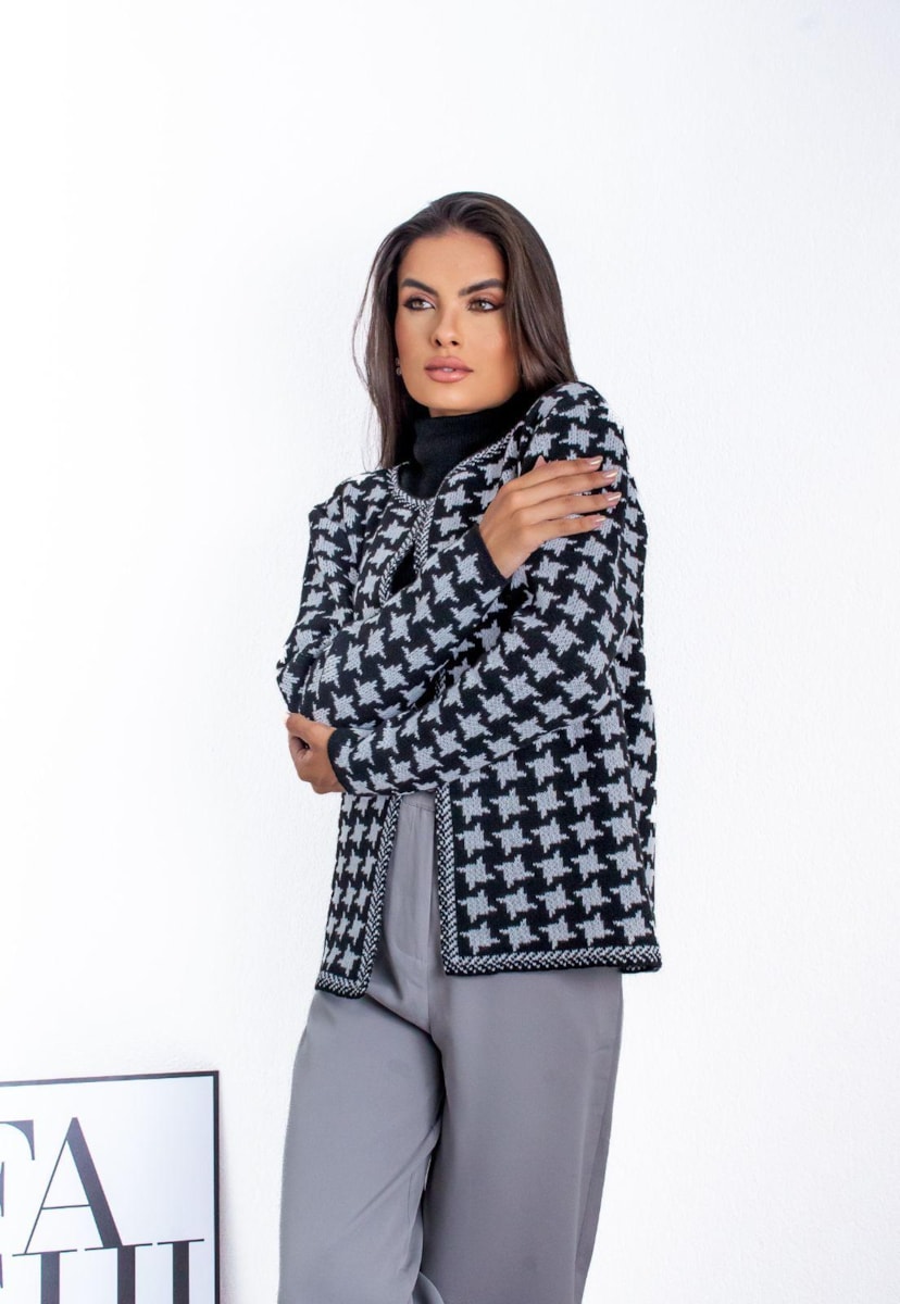 Casaco Tweed Tricot Vintage Pied de Poule Feminino Preto/Branco