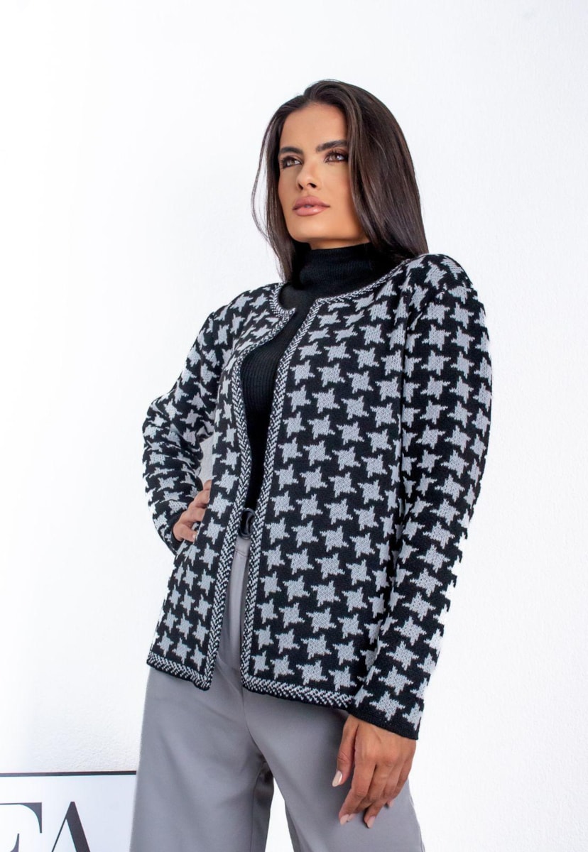 Casaco Tweed Tricot Vintage Pied de Poule Feminino Preto/Branco
