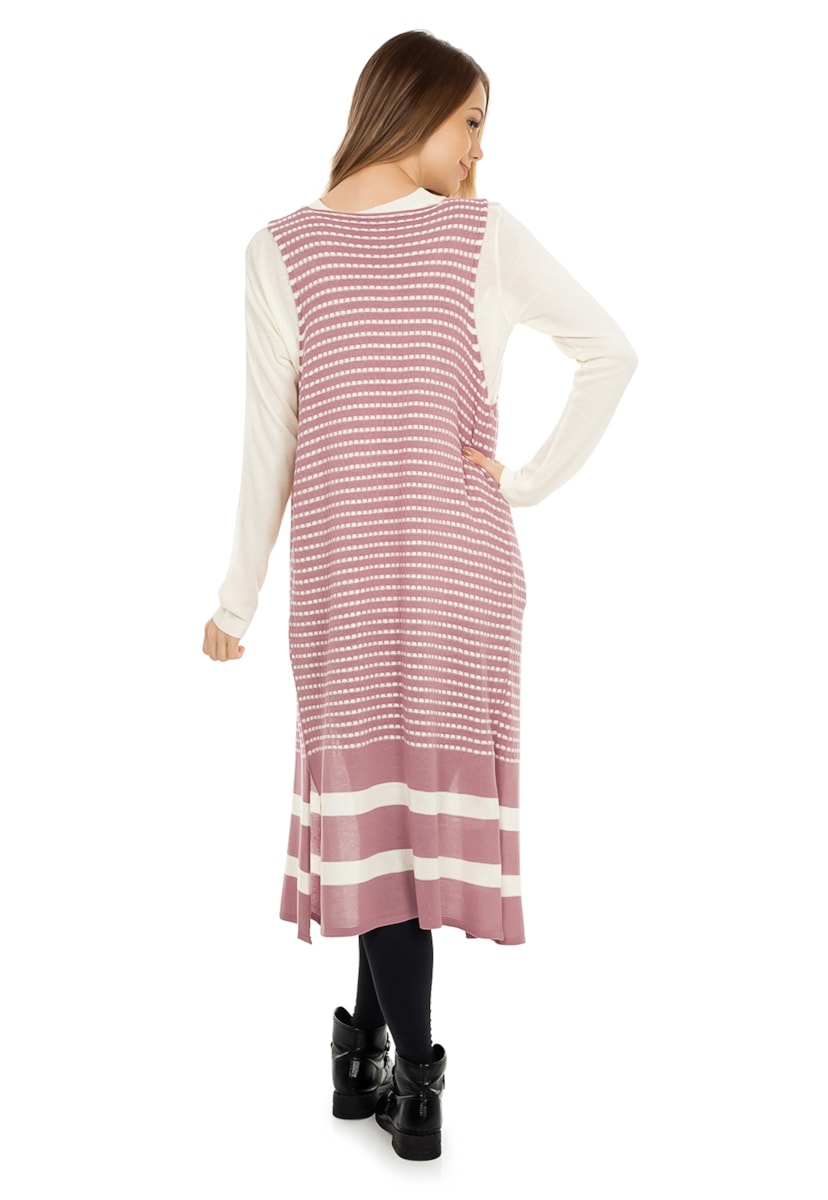 Colete Pink Tricot(Tricô) Longo Estampa Listrada Feminino Rosa Claro