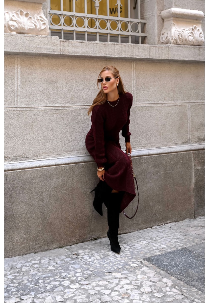 Conjunto Blusa Manga Longa e Saia Midi Trançada Borgonha