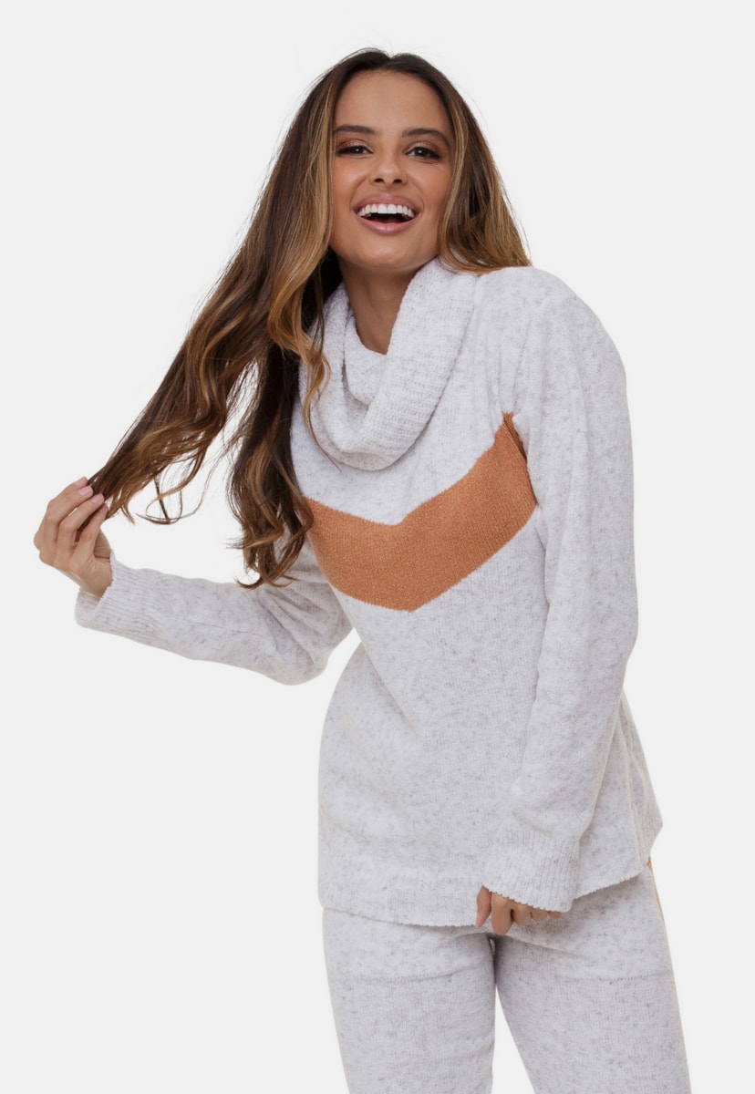 Conjunto Bruna Comfy Pink Tricot Calça Jogging e Blusa Com Gola Alta  Mousse e Listras Feminino Branco/Ferrugem