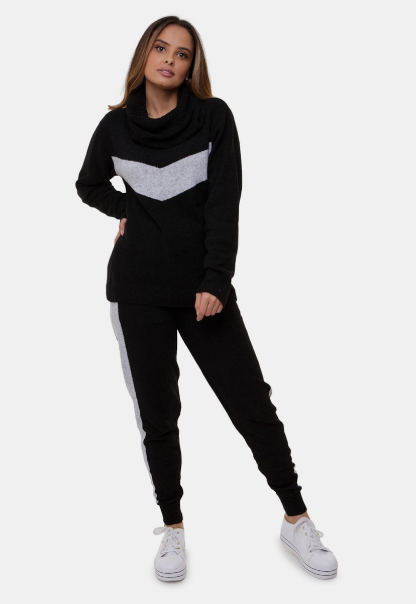 Conjunto Bruna Comfy Pink Tricot Com Calça Jogging e Blusa Com Gola Alta de Tricô Mousse e Listras Feminino Preto/Cinza