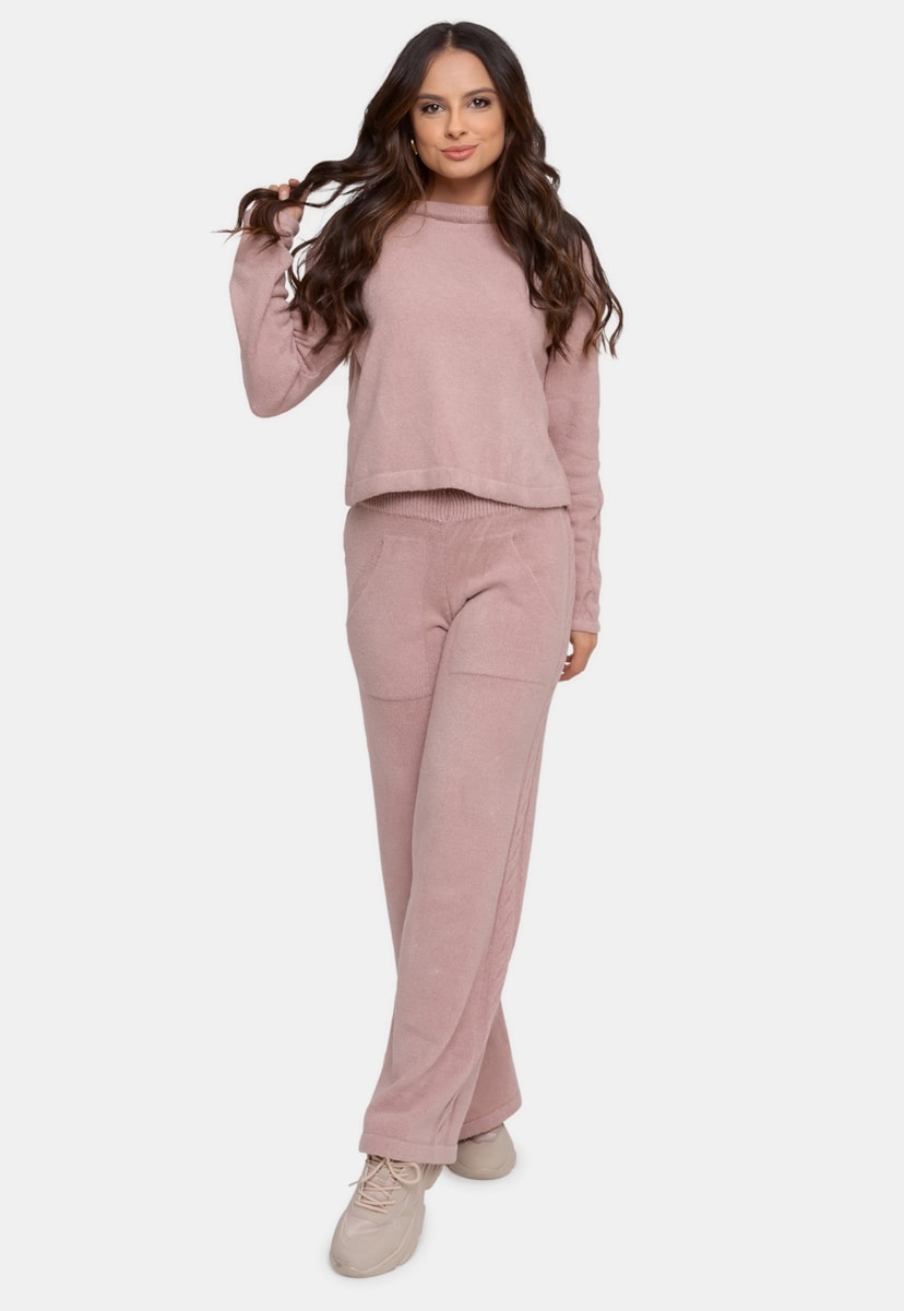 Conjunto de Frio Pink Tricot Blusa e Calça de Tricô Feminino Rosê