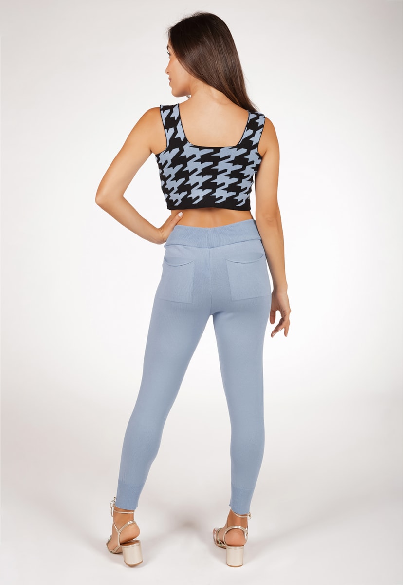 Conjunto Feminino Pink Tricot Com Cropped Pied Poule E Calça Jogger  De Tricô Modal Comfy Azul Claro