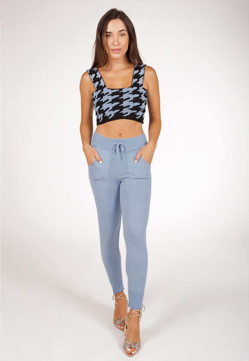 Conjunto Feminino Pink Tricot Com Cropped Pied Poule E Calça Jogger  De Tricô Modal Comfy Azul Claro
