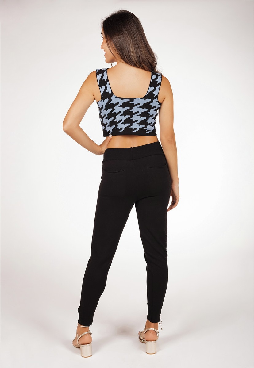 Conjunto Feminino Pink Tricot Com Cropped Pied Poule E Calça Jogger  De Tricô Modal Comfy Azul/Preto