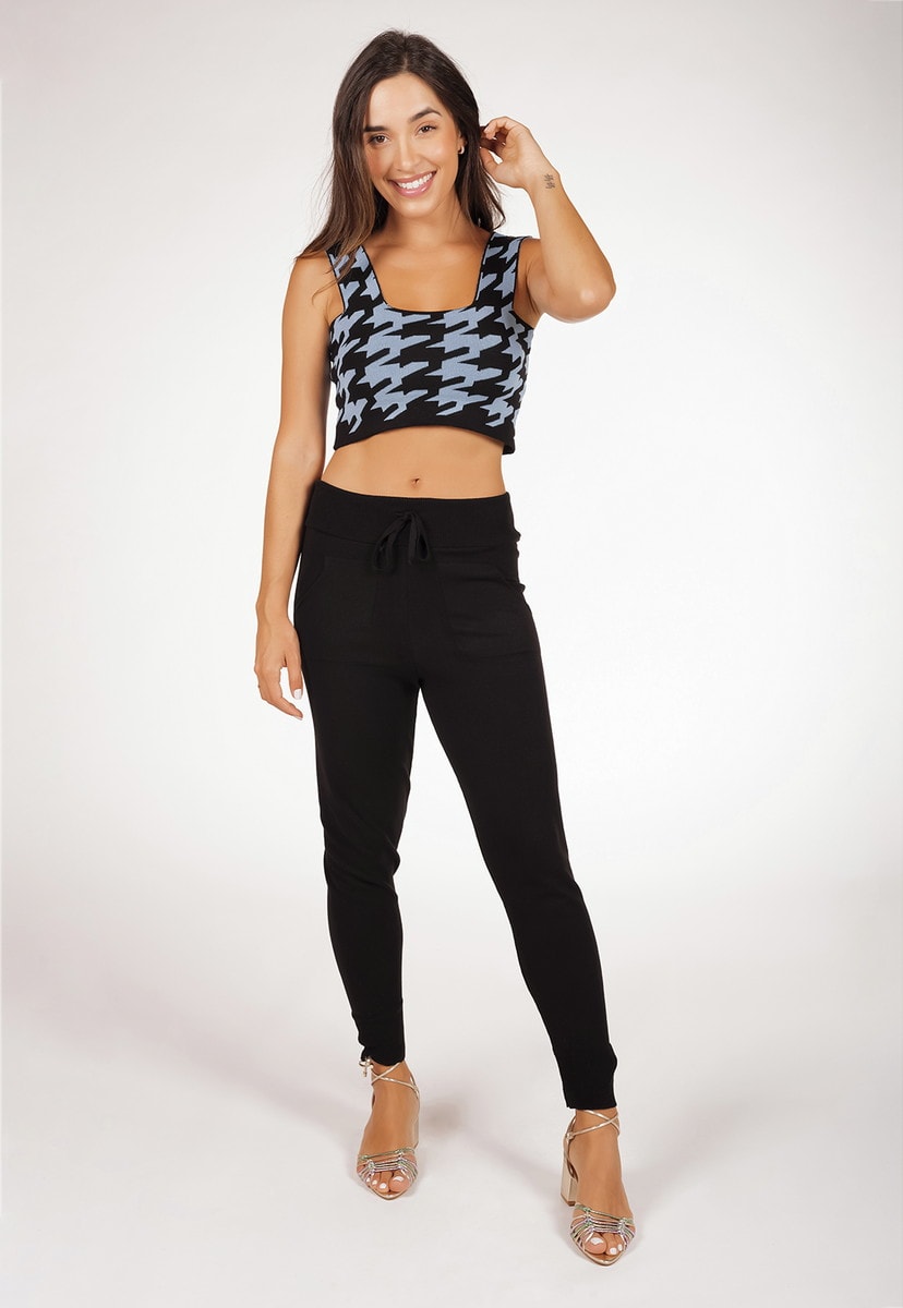 Conjunto Feminino Pink Tricot Com Cropped Pied Poule E Calça Jogger  De Tricô Modal Comfy Azul/Preto