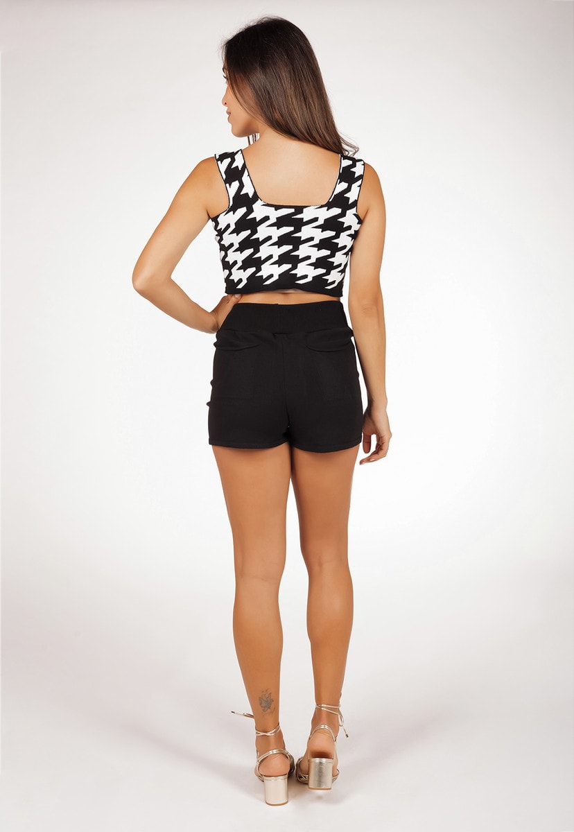 Conjunto Feminino Pink Tricot De Tricô Modal Comfy Com Cropped Pied Poule E Short Liso Branco/Preto