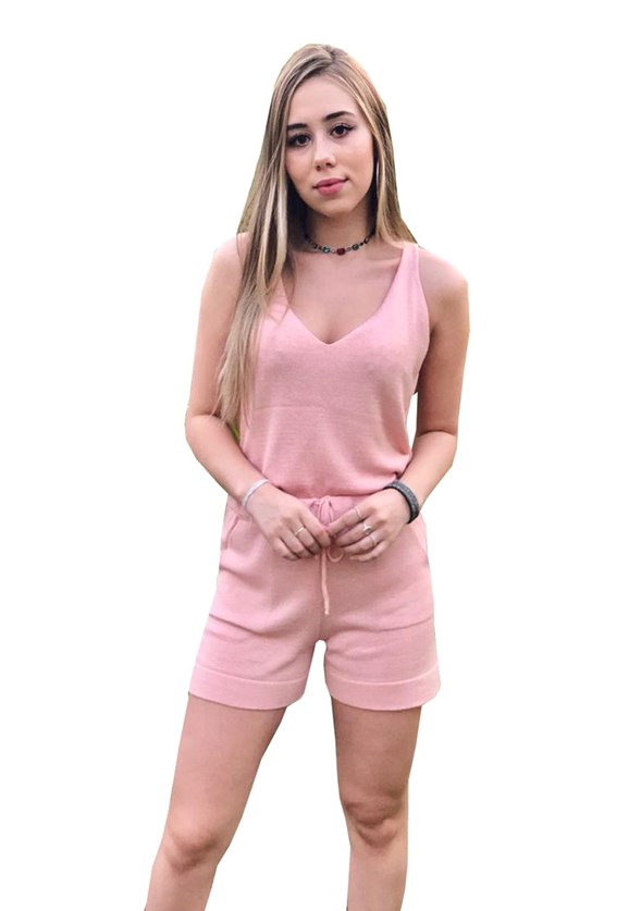 Conjunto Feminino Pink Tricot Moletinho Comfy De Tricô Modal Regata E Short Liso Rosa Claro