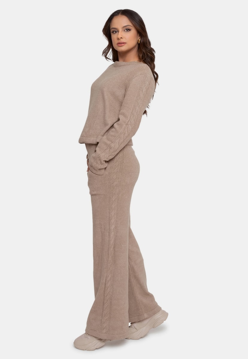 Conjunto Pink Tricot Blusa Calça Tricô Mousse Liso Feminino Bege