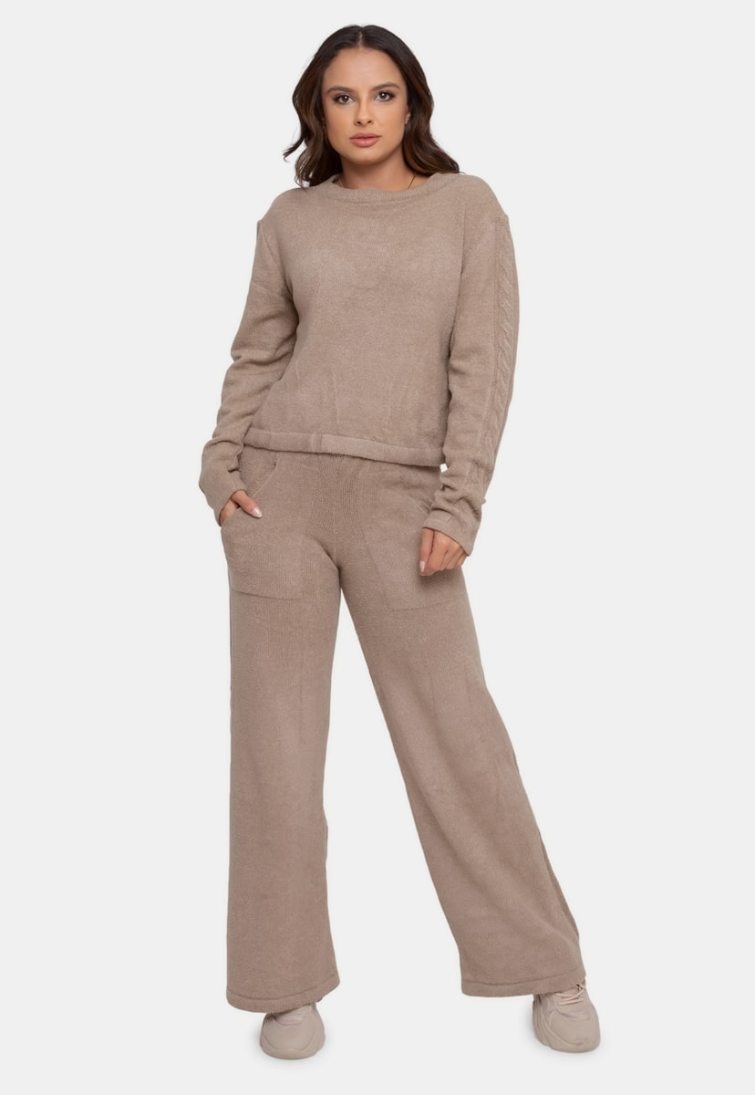 Conjunto Pink Tricot Blusa Calça Tricô Mousse Liso Feminino Bege