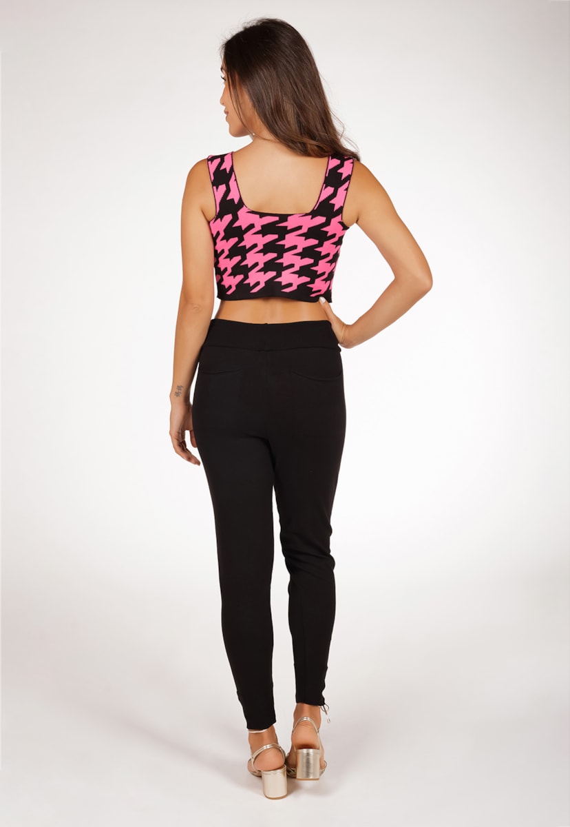 Conjunto Pink Tricot Com Cropped Pied Poule E Calça Jogger De Tricô Modal Comfy Feminino Rosa/Preto