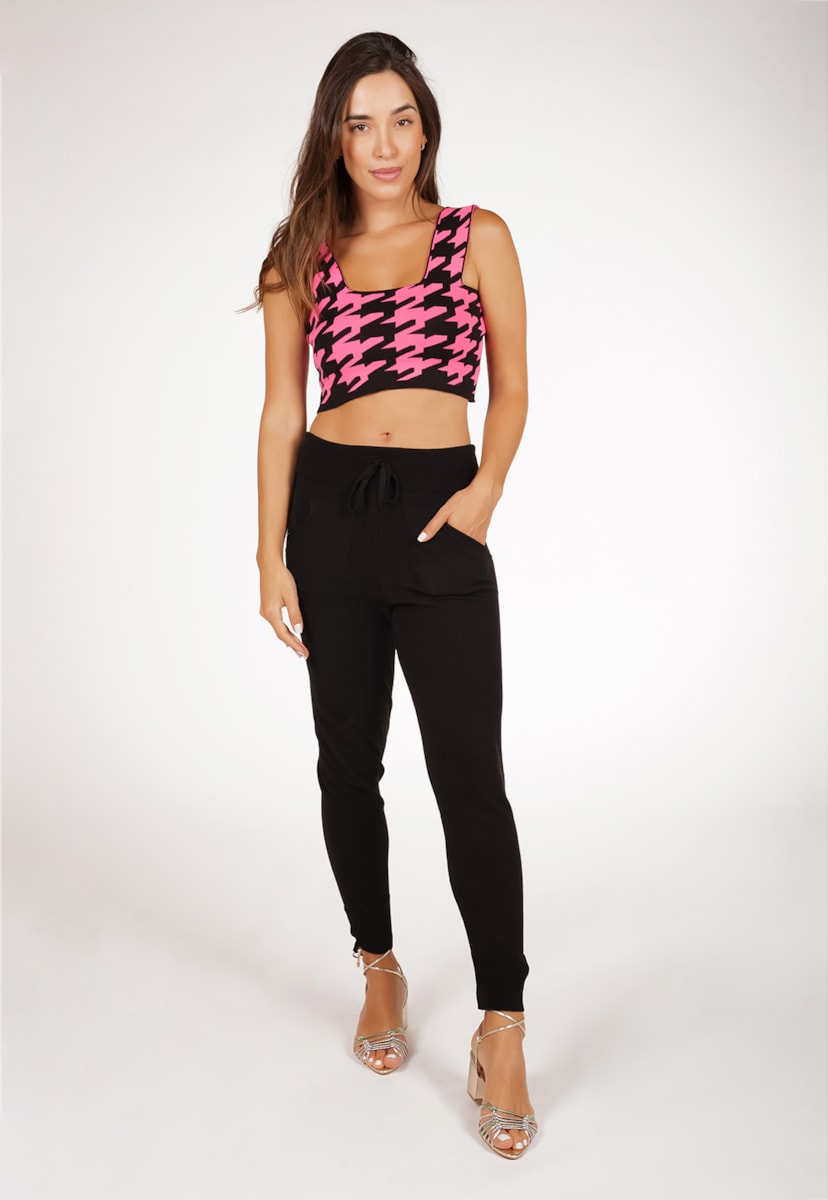 Conjunto Pink Tricot Com Cropped Pied Poule E Calça Jogger De Tricô Modal Comfy Feminino Rosa/Preto