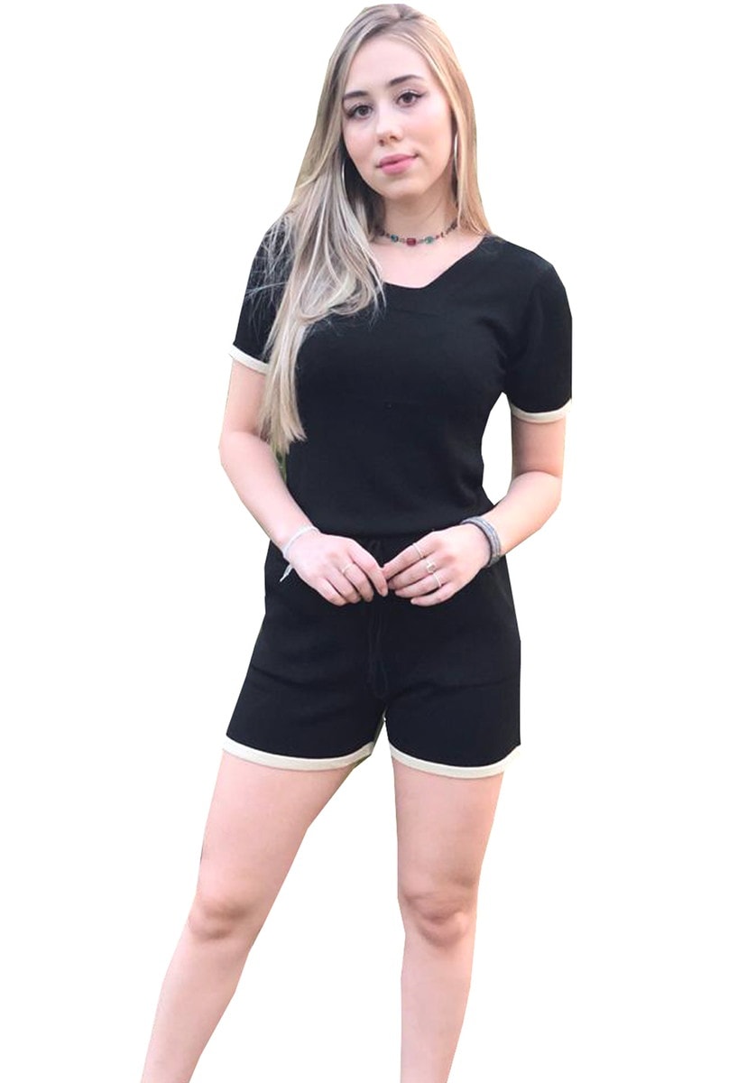 Conjunto Pink Tricot Comfy Com Blusa Manga Curta e Short De Tricô Com Listras Feminino Preto