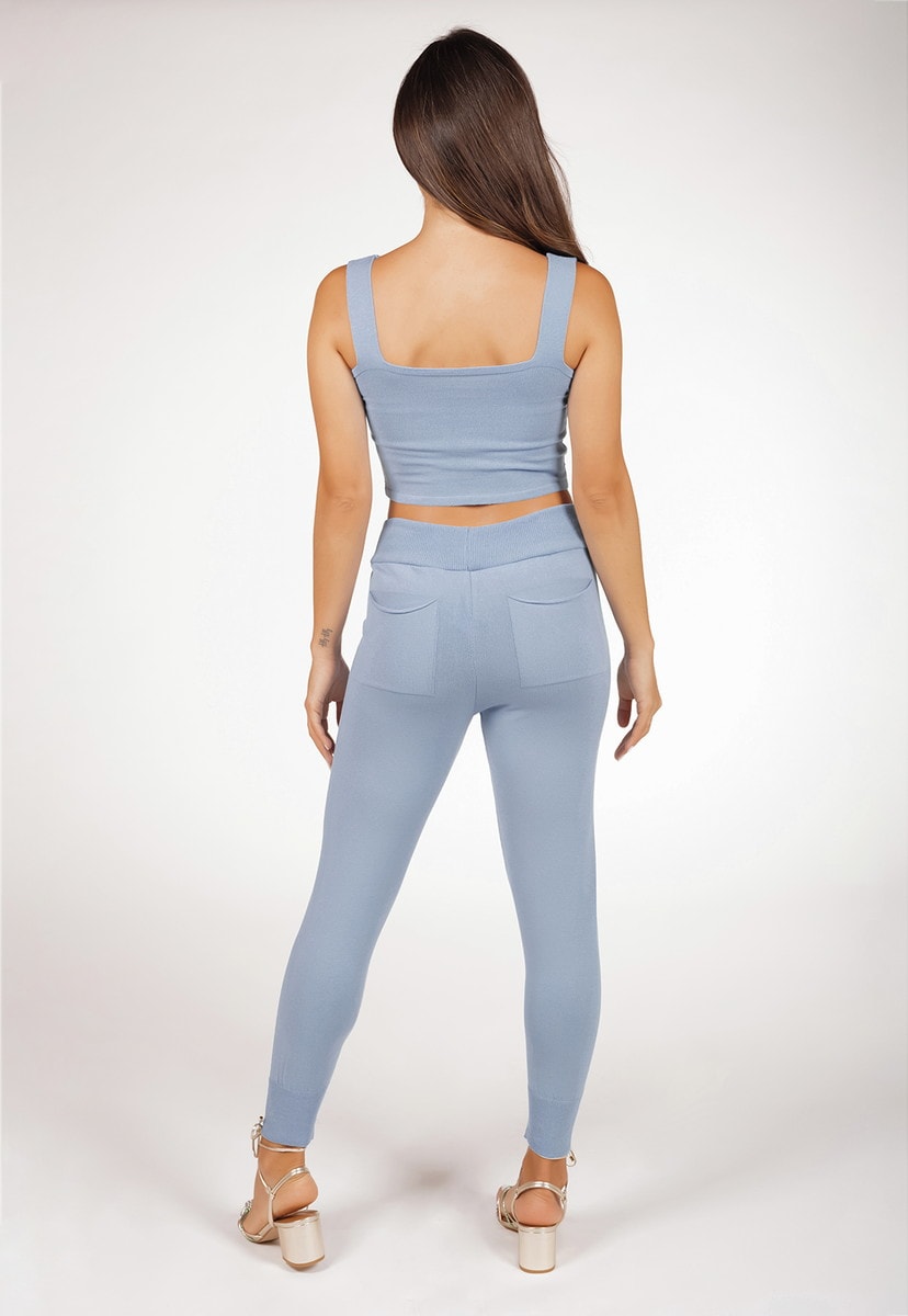 Conjunto Pink Tricot Comfy Liso Com Blusa Cropped E Calça Jogging De Tricô Modal Feminino Azul Claro