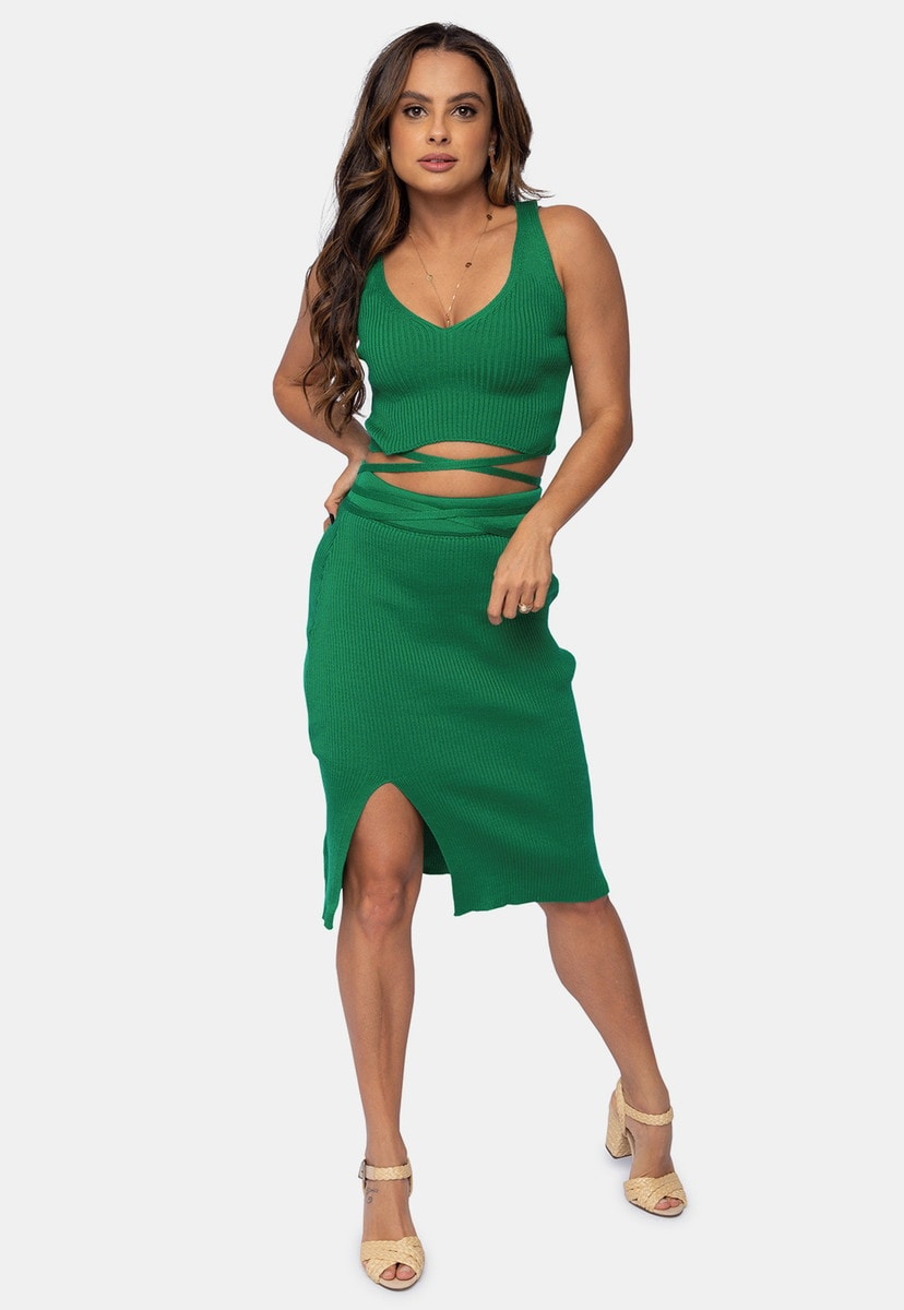 Conjunto Pink Tricot Cropped com Amarração e Saia Midi com Fenda de Tricôt Modal Festa Verde