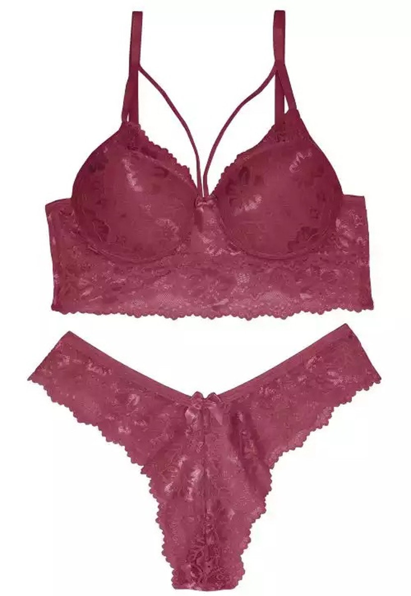Conjunto Pink Tricot Lingerie Sutiã Cropped Com Bojo E Calcinha Caleçon Rendado Feminino Bordô