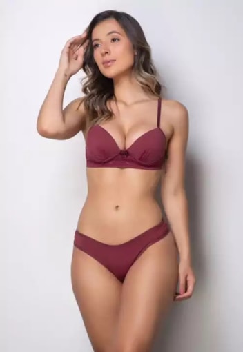 Conjunto Pink Tricot Lingerie Sutiã Push Up Com...