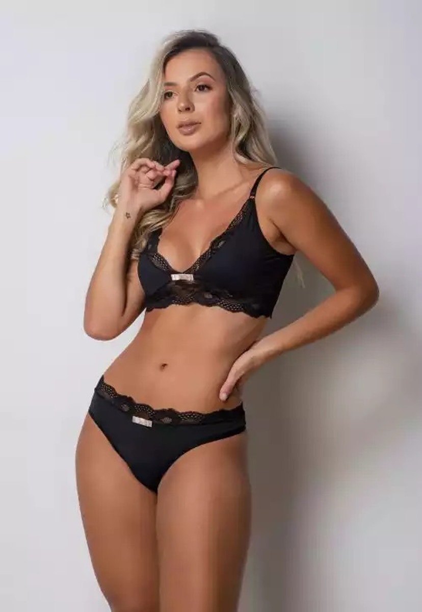Conjunto Pink Tricot Lingerie Sutiã Sem Bojo E Calcinha Conforto Em Microfibra e Renda Preto
