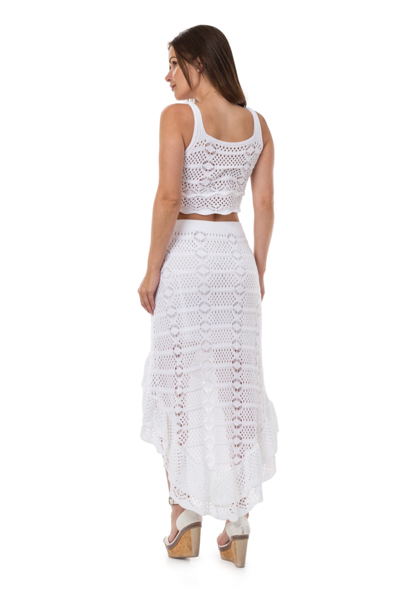 Conjunto Pink Tricot Para Ensaio Pré-Wedding Com Cropped e Saia Longa Fenda Feminino Off White