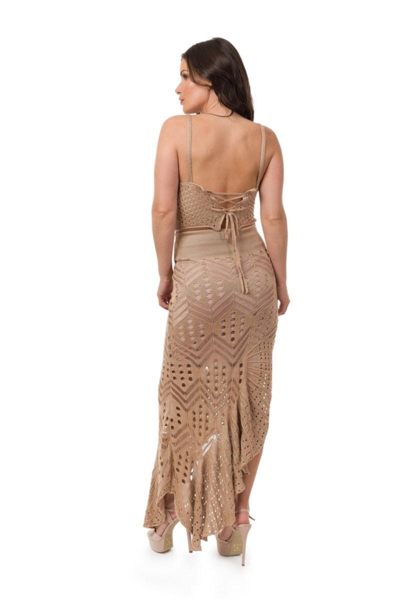Conjunto Pink Tricot  Para Ensaio Pré-Wedding Saia Longa Espanhola Cropped Alças Feminino Dourado